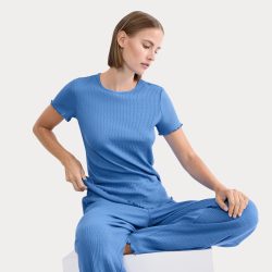 Mix & Match Pointelle Pyjama Oberteil, kurz in blau