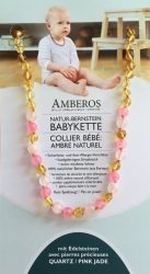 AMBEROS Natur Bernsteinkette mit Edelstahl Quarz / Pink Jade (1 Stk)