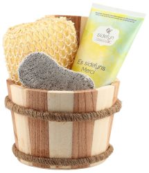 sidefyn Geschenkset Holzkübel mit Duschcreme, Es sidefyns Merci (4-teilig)