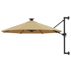 vidaXL, vidaXL Sonnenschirm Wandmontage mit LEDs und Metallmast 300 cm Taupe
