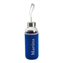 Glas-Trinkflasche personalisiert mit Namen, blau