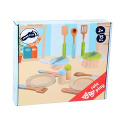 Legler, Small Foot 11098 - Geschirr- und Topfset Kinderküche, aus Holz, mit Tellern, Besteck, Streuer, Topf, Pfanne und Küchenhelfer