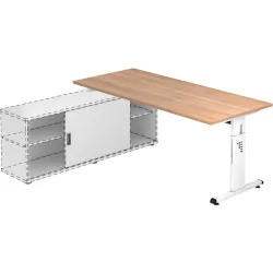 Anbauschreibtisch Office Weiss Holz 180 cm Höhenverstellbar (manuell) - Farbe: Nussbaum/weiss - Material: Holzwerkstoff - Anbauschreibtisch