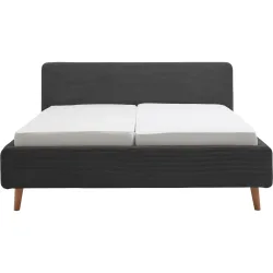 Bett Senja Grau/Braun Stoff/Holz 160 x 200 cm - Farbe: anthrazit, natur - Material: Stoff, Eiche - Bett