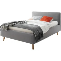 Bett Senja Grau/Braun Stoff/Holz 160 x 200 cm - Farbe: Hellgrau, Natur - Material: Stoff, Eiche - Bett