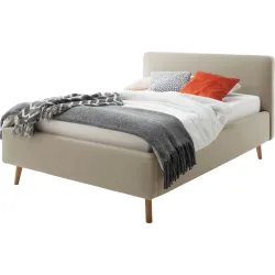 Bett Senja Grau/Beige Stoff/Holz 160 x 200 cm - Farbe: taupe - Material: Stoff, Eiche - Bett