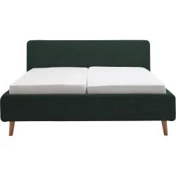 Bett Senja Grün/Braun Stoff/Holz 160 x 200 cm - Farbe: Dunkelgrün, Natur - Material: Stoff, Eiche - Bett