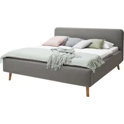 Bett Senja Grau/Braun Stoff/Holz 160 x 200 cm - Farbe: Hellgrau, Natur - Material: Stoff, Eiche - Bett