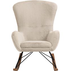 Schaukelstuhl Swing Beige/Schwarz/Braun Stoff/Metall/Holz 70 cm 94 cm - Farbe: Beige, Schwarz, Natur - Material: Lammfell Optik, Metall, Eichenholz -