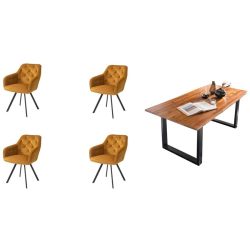 Essgruppe Eats Braun/Gelb Samt/Holz - Farbe: cognac - Material: Akazie/Samt - Essgruppe