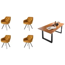 Essgruppe Eats Braun/Gelb Samt/Holz - Farbe: cognac - Material: Akazie/Samt - Essgruppe