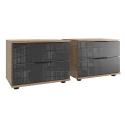 Nachttisch 2er-Set Metac Braun/Grau Holzwerkstoff/Glas 104 cm - Farbe: Plankeneiche, Grau - Material: Spanplatte, Glas - Nachttisch 2er-Set