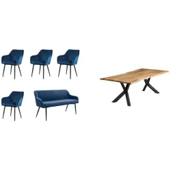 Essgruppe Kuro Braun/Blau Samt/Holz - Farbe: natur - Material: Akazie/Samt - Essgruppe