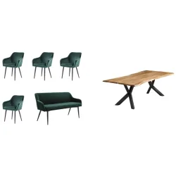 Essgruppe Kuro Braun/Grün Samt/Holz - Farbe: natur - Material: Akazie/Samt - Essgruppe
