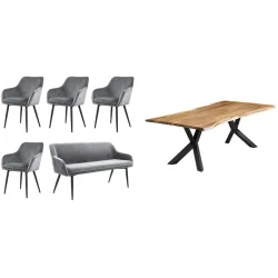 Essgruppe Kuro Braun/Grau Samt/Holz - Farbe: natur - Material: Akazie/Samt - Essgruppe