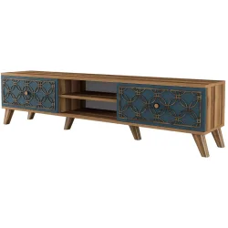 TV-Möbel Yasam Braun/Blau Holzwerkstoff 188 cm 27 cm 42 cm - Farbe: Walnuss/Blau - Material: Melaminbeschichtete Spanplatte - TV-Möbel