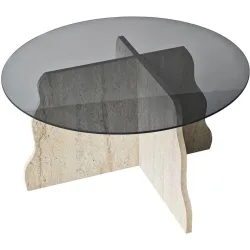 Salontisch Georis Braun/Beige Holzwerkstoff/Glas B 75 cm - Farbe: Travertin, Rauch - Material: 100% Hartglas/Holzwerkstoff