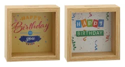 ROOST Spardose Geburtstag 10032463 Holz, 2 ass. 14x14x6cm