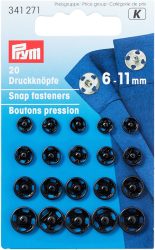 Prym Ann&auml;hdruckknopf, schwarz 6-11 mm, Karte 20 Stk., nickelfrei