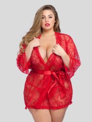 Lovehoney Plus Size Flaunt Me Red Lace Robe (Red One Size Queen), Rot - One Size Queen - Amorana
