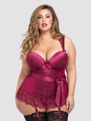 Lovehoney Plus Size Moonlight Wine Plunge Basque Set (Red 5X / 6X), Rot - 5X / 6X - Amorana