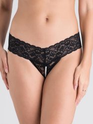 Lovehoney Crotchless Pearl Thong (Black M / L), Schwarz - M / L - Amorana