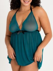 Lovehoney Plus Size Barely There Sheer Green Babydoll Set (Green One Size Queen), Petrol - Plus Size - Amorana