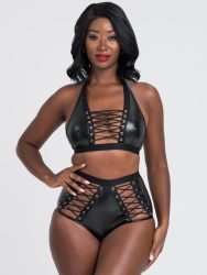 Lovehoney Fierce Leather-Look Lace-Up Bra Set \t (Black Small), S - Amorana