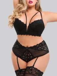 Lovehoney Plus Size Parisienne Black Lace Plunge Longline Bra Set (Black 3X / 4X), Schwarz - 3X / 4X - Amorana