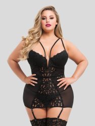 Lovehoney Plus Size Parisienne Black Lace Plunge Chemise (Black 1X / 2X), Schwarz - 1X / 2X - Amorana