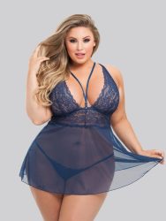 Lovehoney Plus Size Late Night Liaison Blue Lace Babydoll Set (Navy One Size Queen), One Size Queen - Amorana