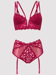 Lovehoney Parisienne Wine Lace Plunge Longline Bra Set (Red Small), S - Amorana