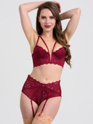 Lovehoney Parisienne Wine Lace Plunge Longline Bra Set (Red Medium), M - Amorana