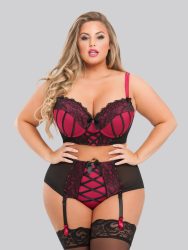 Lovehoney Lingerie - Boudoir Belle Dessous Set Ouvert - Rot Schwarz - XXL - Spitze Satin