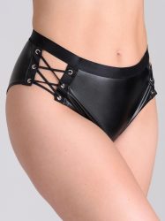 Lovehoney Fierce Leather-Look Lace-Up Black Open Back Crotchless Knickers (Black One size), Schwarz - One Size - Amorana