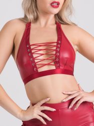 Lovehoney Fierce Leather-Look Lace-Up Red Halterneck Bra (Red Large), Rot - L - Amorana