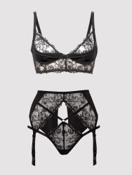 Lovehoney Plus Size Lotus Black Sheer Embroidered Bra Set (Black 3X / 4X), 3XL/4XL - Amorana