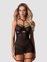 Obsessive Black Arrowel Sheer Strappy Underwire Chemise (L/XL), L/XL - Amorana