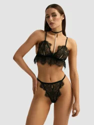 Esotiq Sensual Black Peek-a-boo Eyelash Lace and Pearl Bra Set S/M, S/M - Amorana