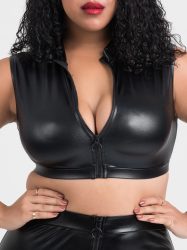Lovehoney Plus Size Fierce bauchfreies Wet-Look Top, Schwarz - 3X / 4X - Amorana