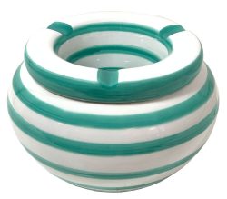 Sturmaschenbecher XL Keramik 14 cm Windaschenbecher für draußen Gestreift Weiß - Türkis
