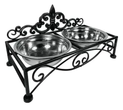 Futternapf Landhausstil Lilie Doppelnapf Hund Katze Fressnapf Schwarz 36 cm