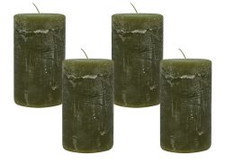 4 Rustic Stumpenkerzen Premium Kerze Dunkelgrün Oliv 7x12cm - 55 Std Brenndauer