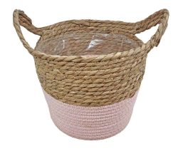 Pflanzkübel Seegras geflochten mit Henkel Korb Pflanzgefäß 2-Farbig Pink 33 cm