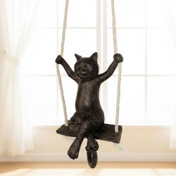 Hängende Figur Katze auf Schaukel Katzenfigur Dekofigur zum Aufhängen Schwarz