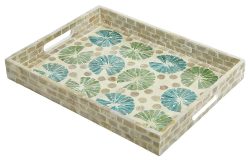 Tablett Serviertablett Keramik Steinoptik Blumen Mediterran Vintage-Stil 38x29cm