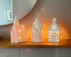 Lichthaus Keramik Weiß 3 Stück für Teelichter Lichthäuser Weihnachtsdeko