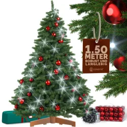 Künstlicher Weihnachtsbaum Premium 150cm + Kugeln Rot + Lichterkette kaltweiß