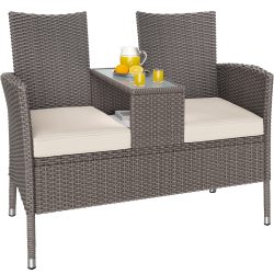 Bank 2-Sitzer Creme mit integriertem Tisch Glasplatte Ablage wetterfest