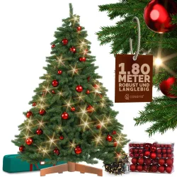 Künstlicher Weihnachtsbaum Premium 180cm + Kugeln Rot + Lichterkette warmweiß